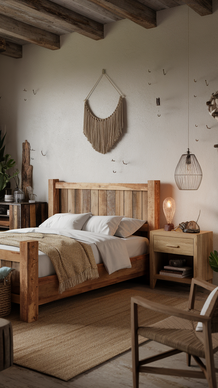 A cozy bedroom featuring reclaimed wood furniture, a wooden bed frame, and natural decor elements.