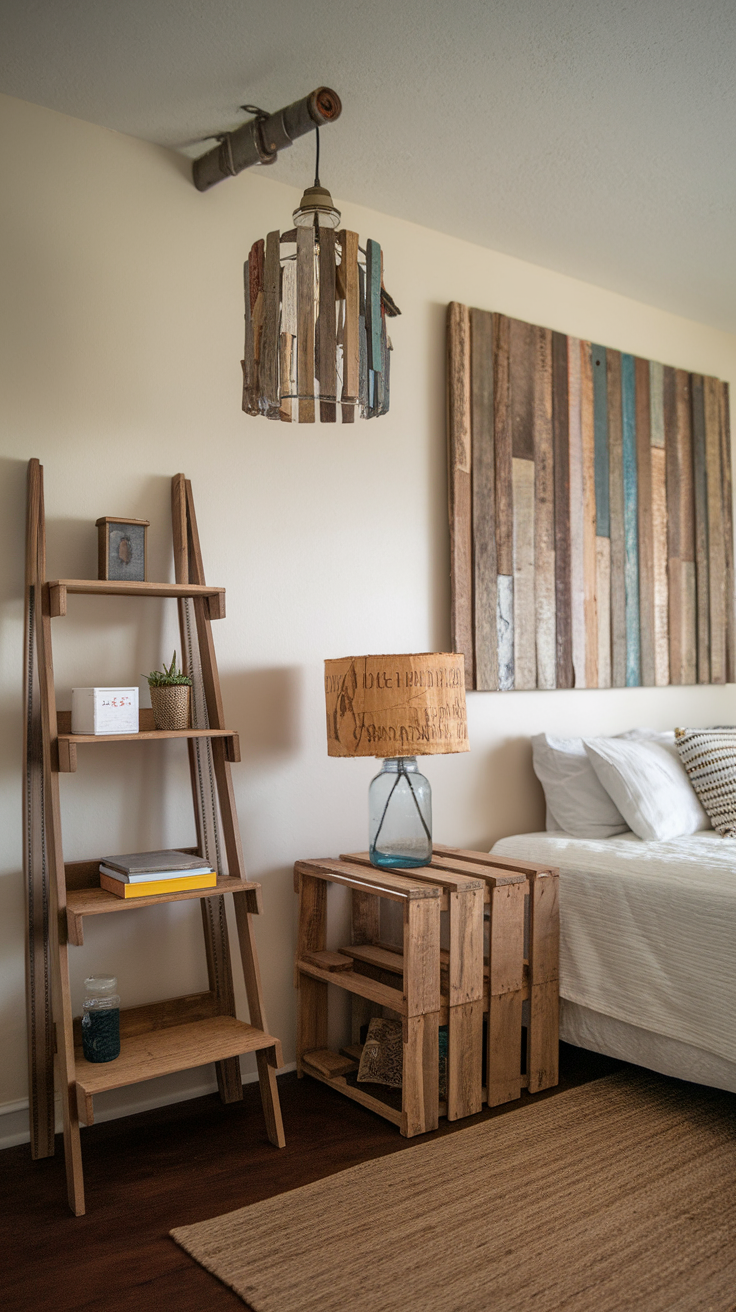 A cozy bedroom with recycled wood furniture and decor, featuring a ladder shelf, side table, and unique hanging light.