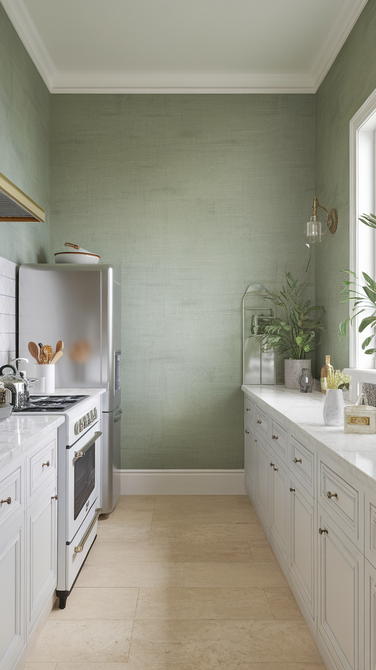 Chic kitchen with sage green wallpaper and white cabinetry