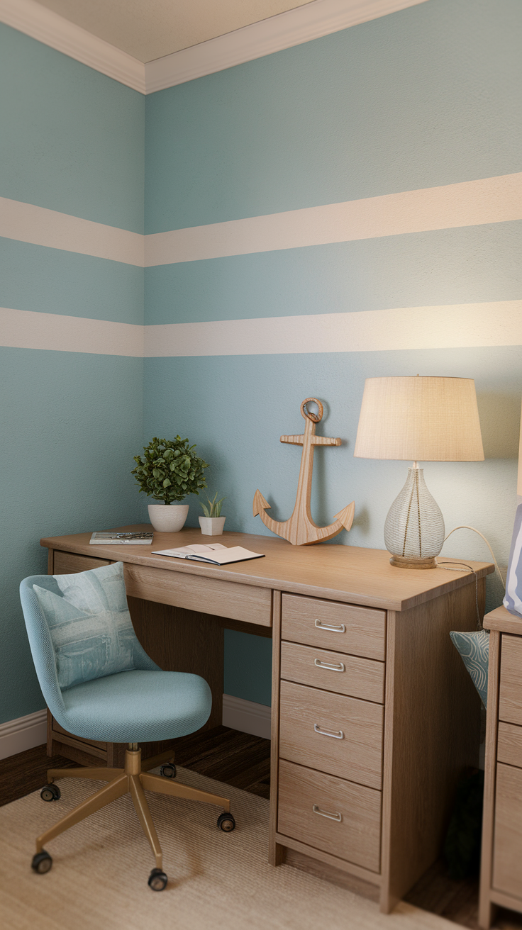 A beach-themed desk area featuring light blue walls, a wooden desk with an anchor decoration, a plant, and a cozy chair.