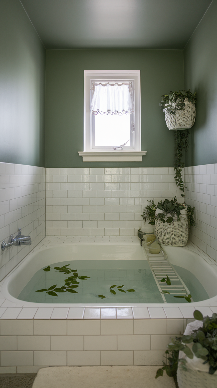 A relaxing sage green bathroom featuring a bathtub with plants and a large window.