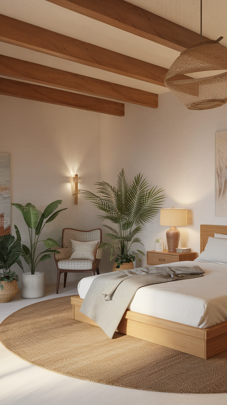 A serene bedroom with wooden beams, plants, and cozy decor.