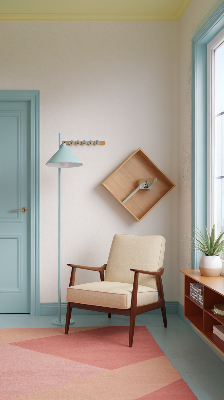 A cozy retro living room with pastel colors, featuring a mid-century chair, a geometric rug, and soft lighting.