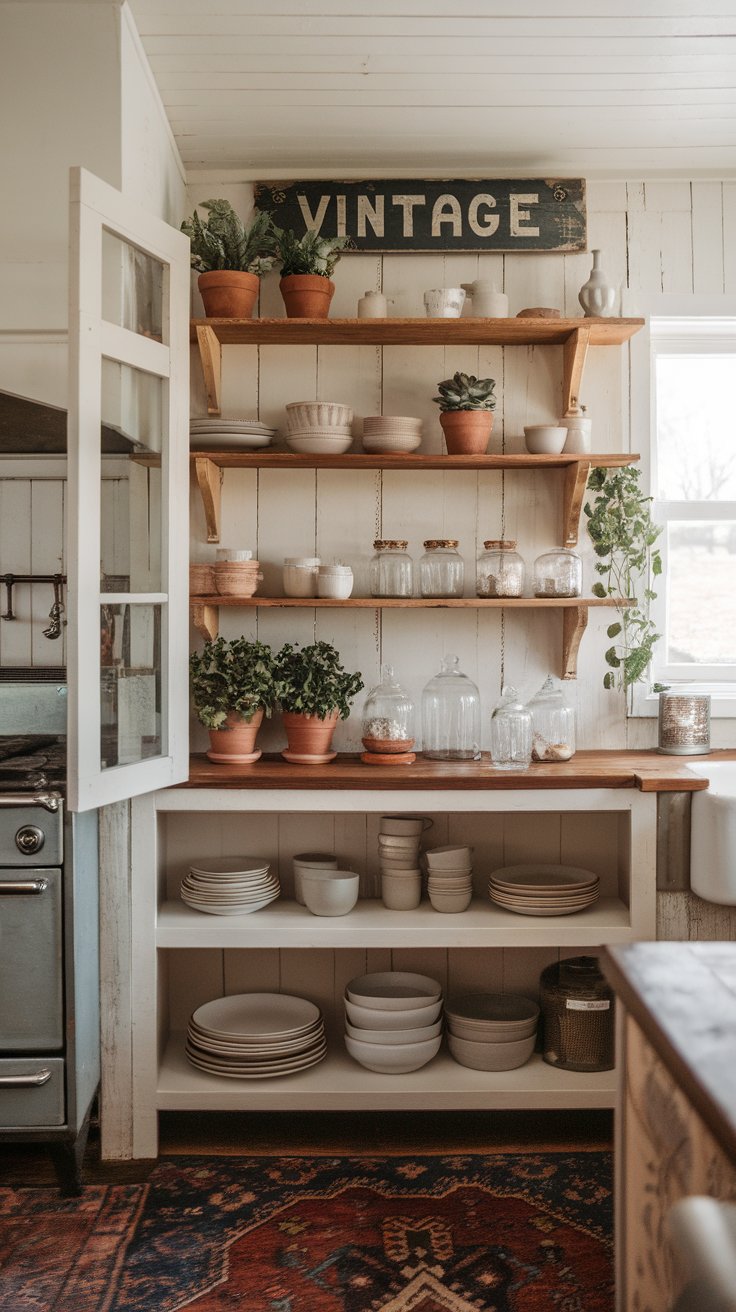 A cozy kitchen featuring rustic shelving with terracotta pots and glass jars.