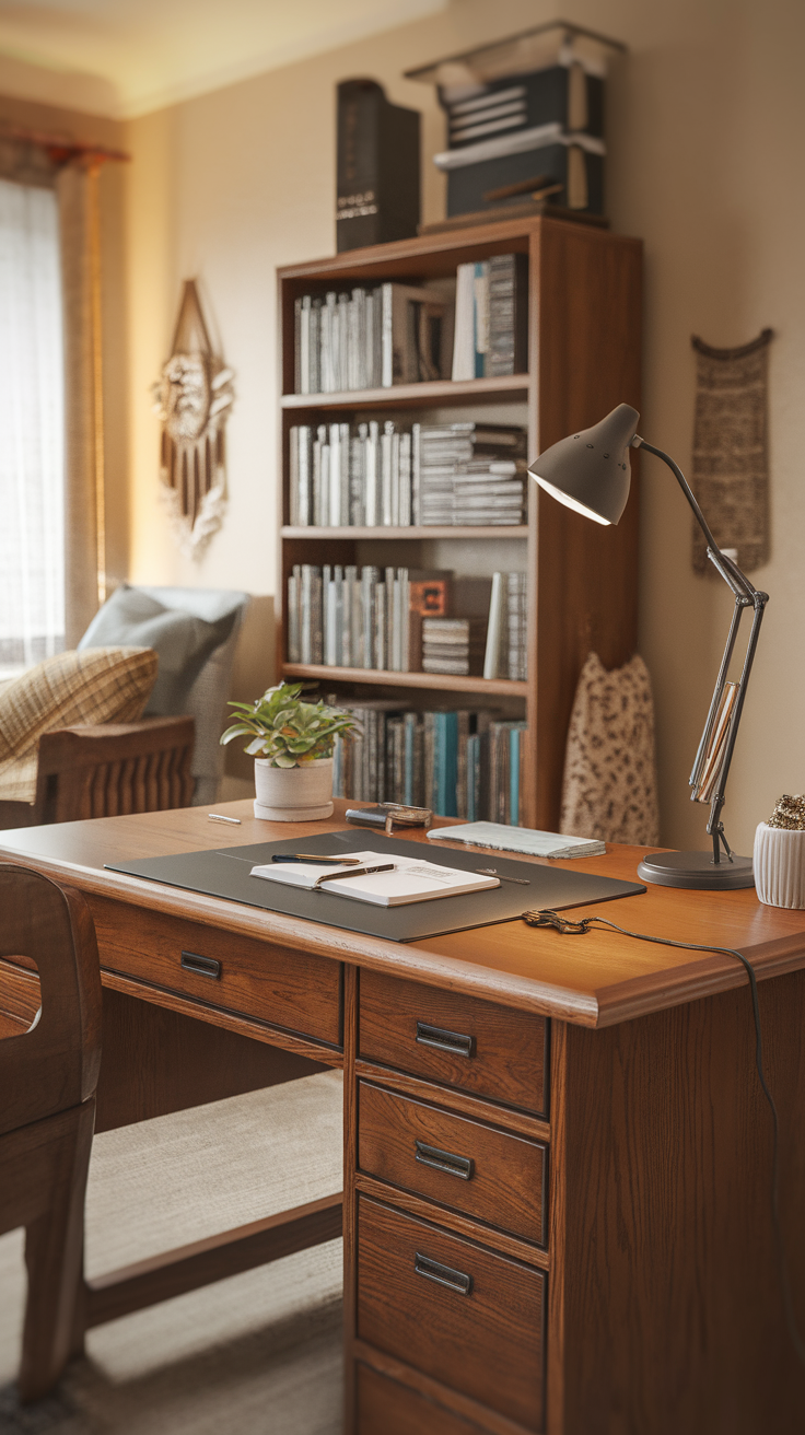 A rustic wooden desk with a warm finish, featuring a lamp, notebooks, and a small plant, set in a cozy room with a bookshelf in the background.