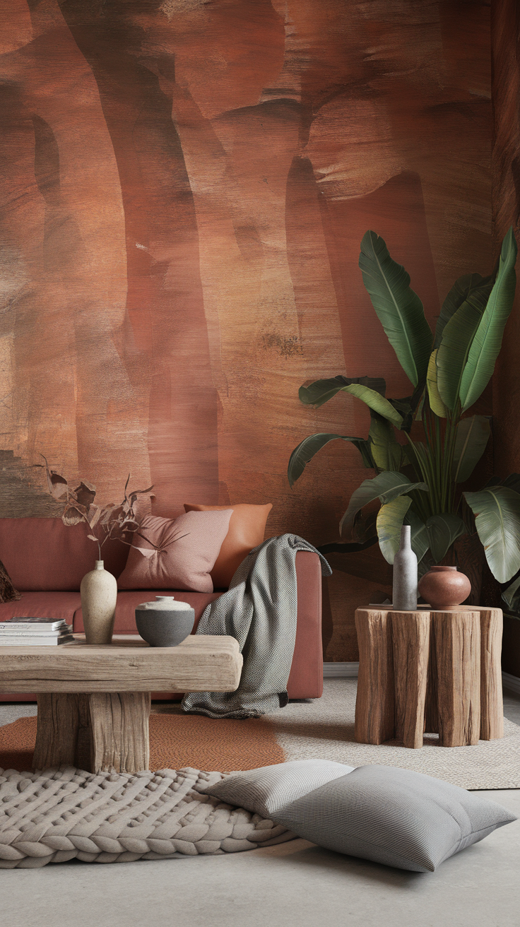 A cozy living room featuring earthy tones on the accent wall, with rustic furniture and greenery.