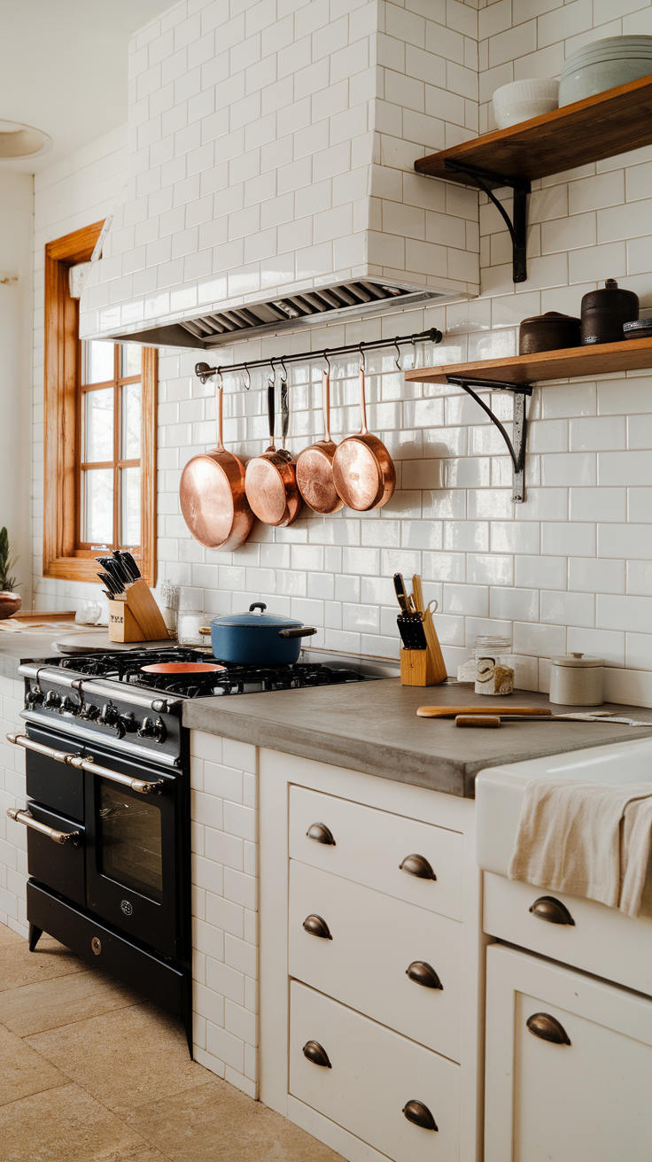 A rustic farmhouse kitchen with white subway tile backsplash and copper pots.