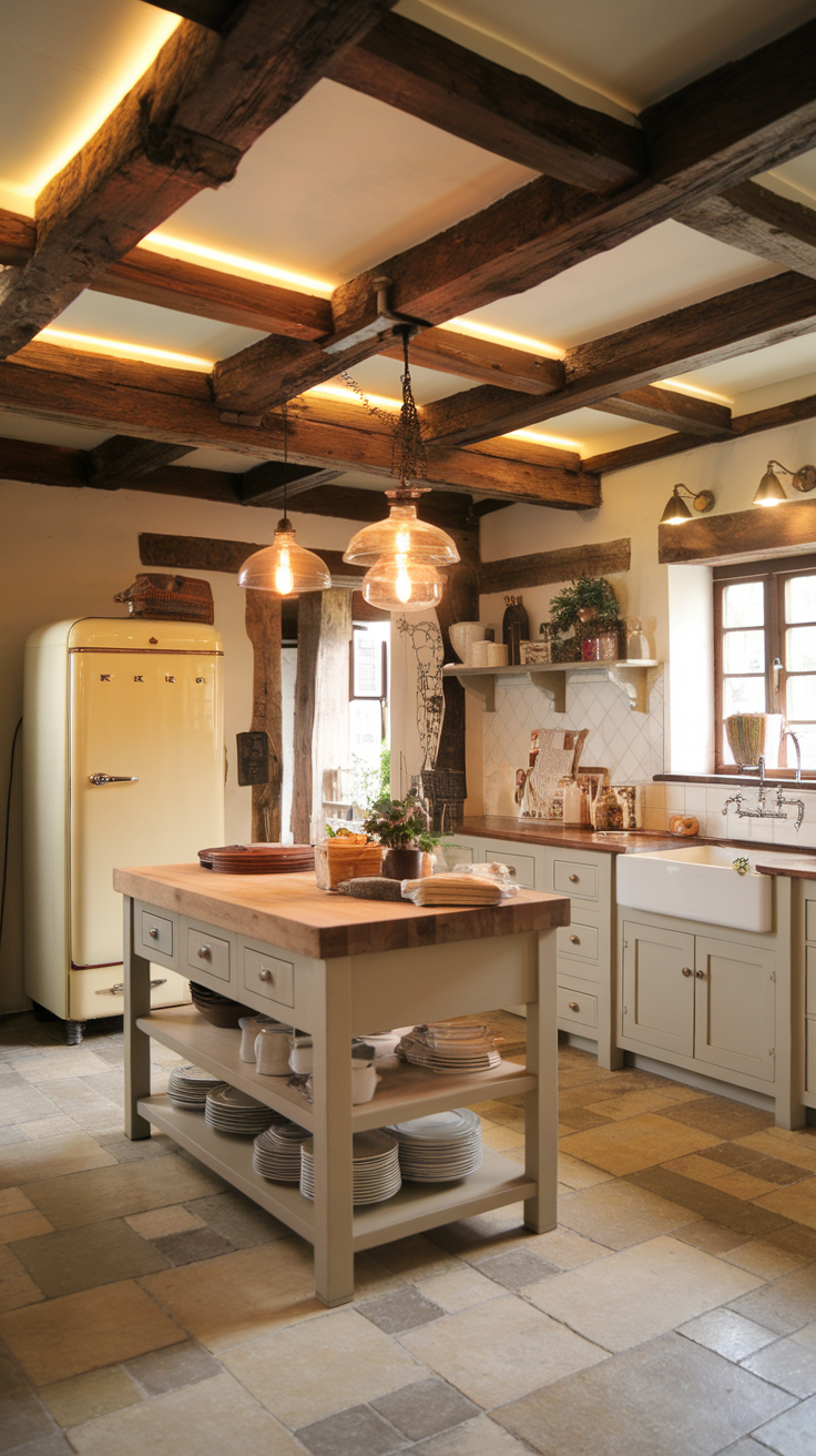 A rustic farmhouse kitchen with wooden beams and warm lighting.