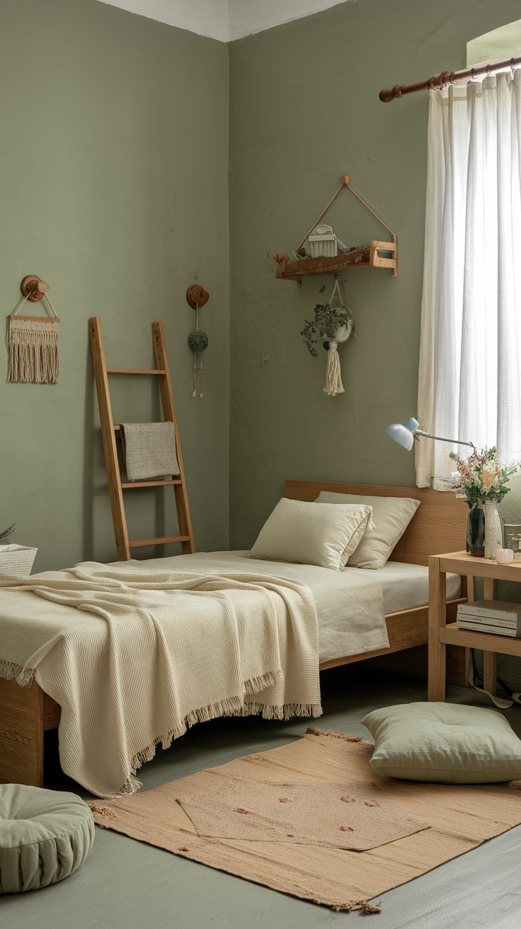 A rustic sage green bedroom featuring wooden furniture, soft textiles, and natural decor.