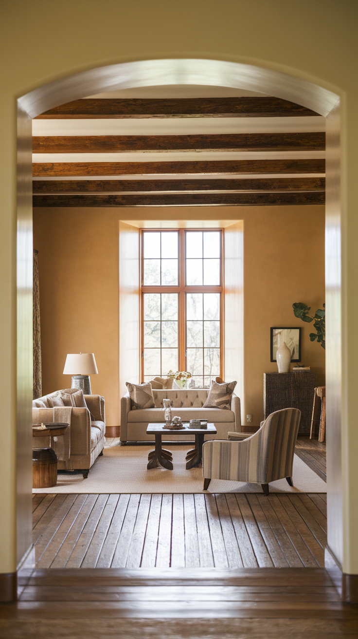 A living room featuring rustic wooden beams and a cozy, inviting decor.