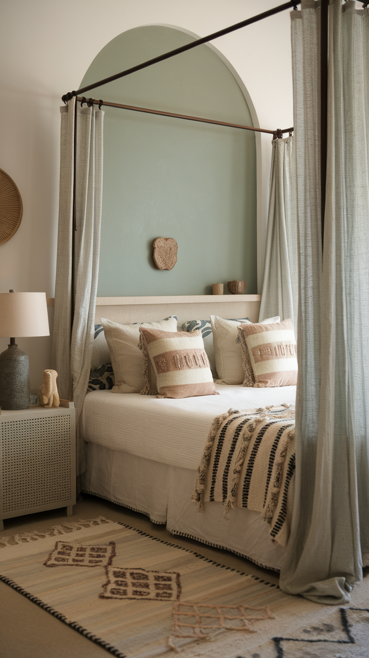 A cozy bedroom featuring a sage green accent wall with soft bedding and curtains.