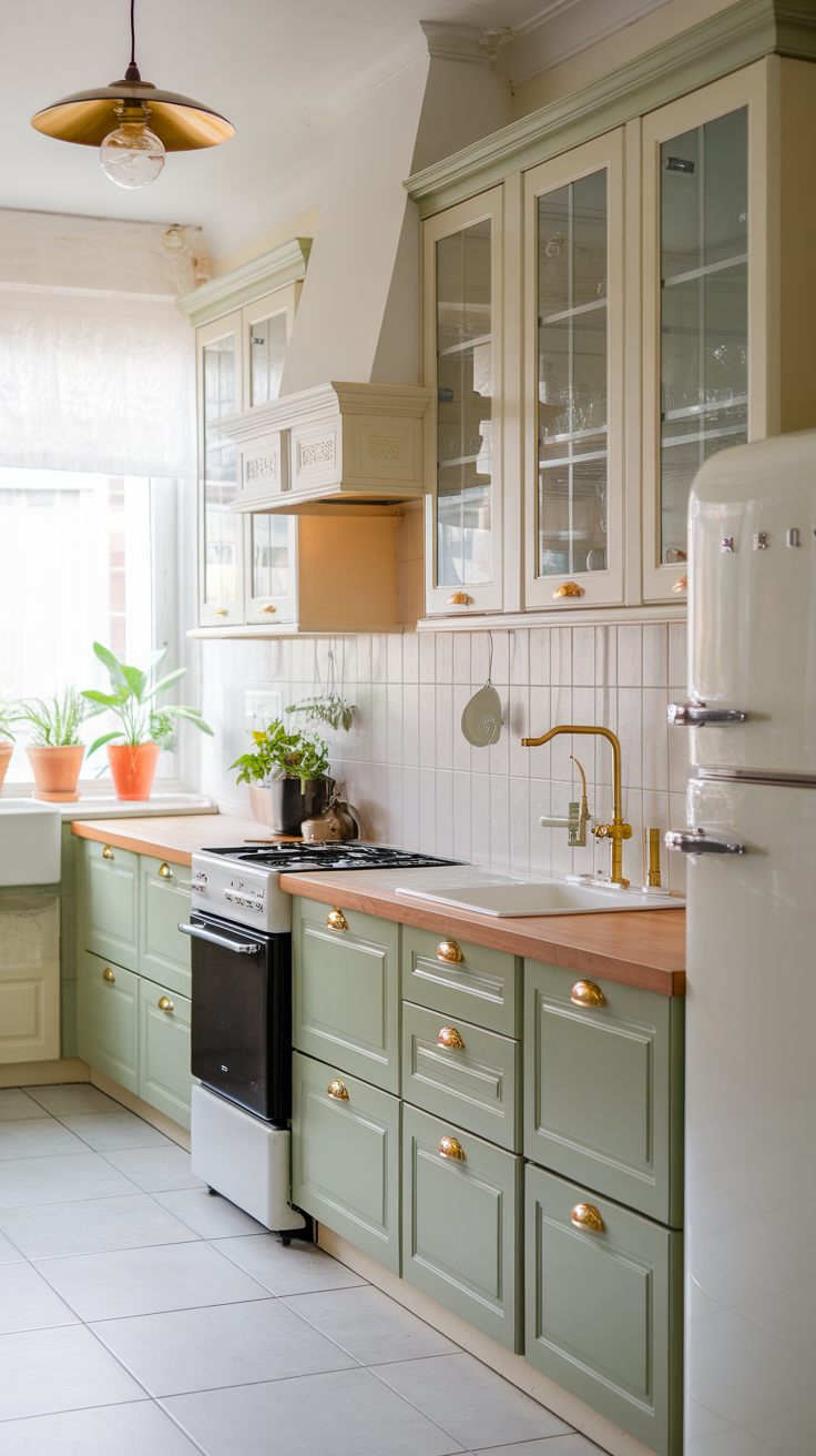 A kitchen featuring sage green cabinetry, cream accents, and plants