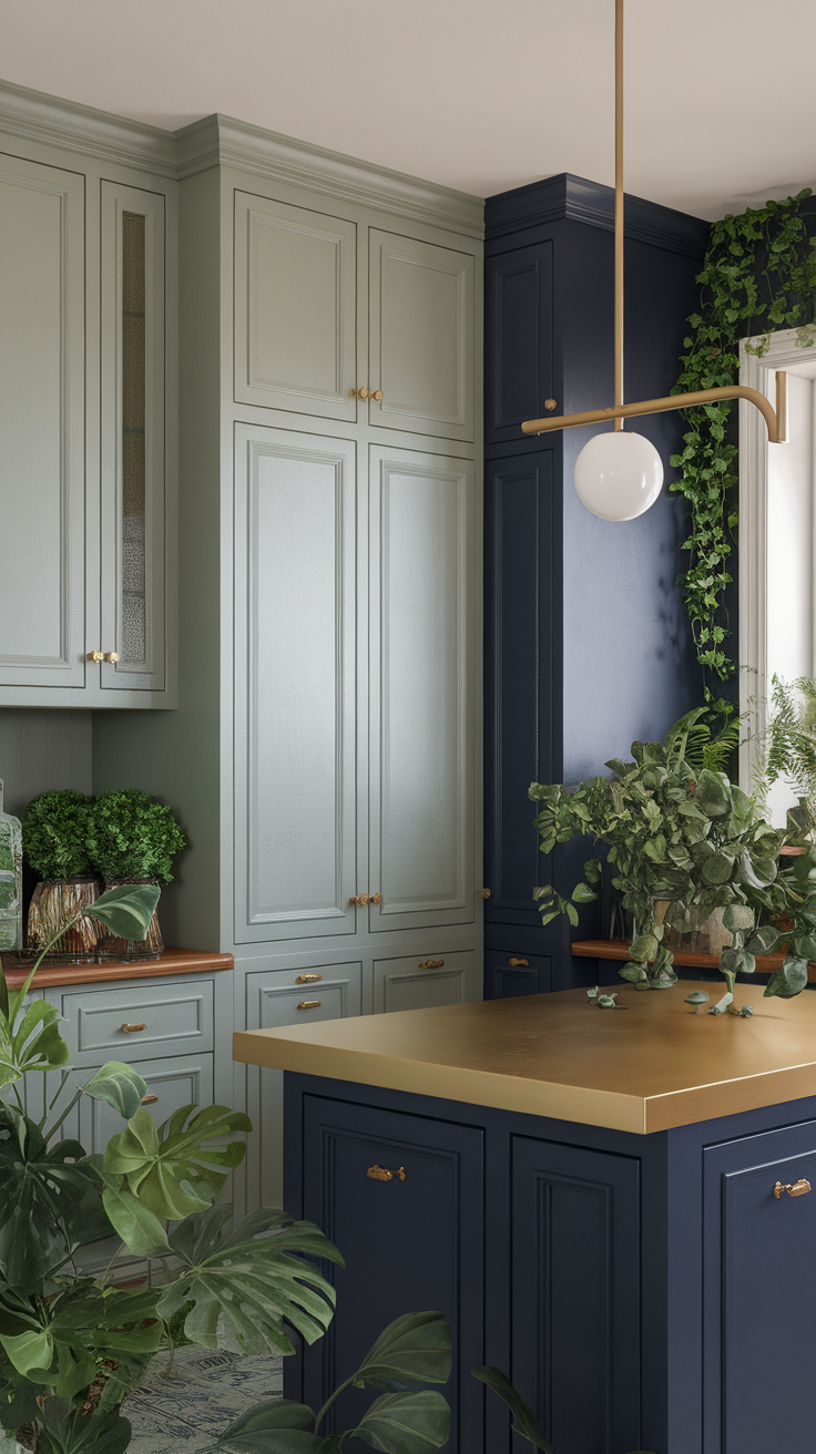 A kitchen featuring sage green and navy blue cabinets with plants and gold accents.