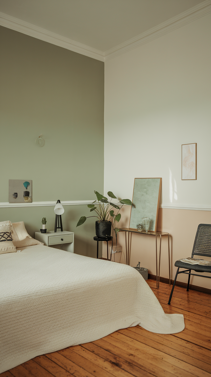 A cozy bedroom featuring sage green and white décor.