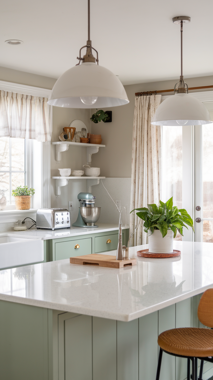 A kitchen featuring a sage green island with white countertops and decorative elements.