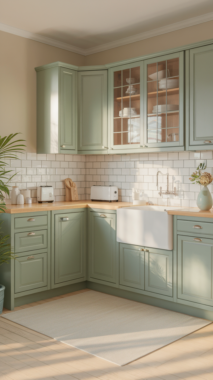 A serene kitchen with sage green cabinets and a white farmhouse sink.