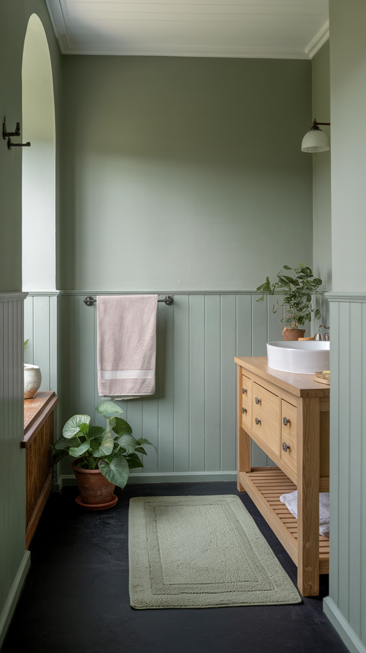 A bathroom with sage green walls, wooden cabinetry, and a potted plant.