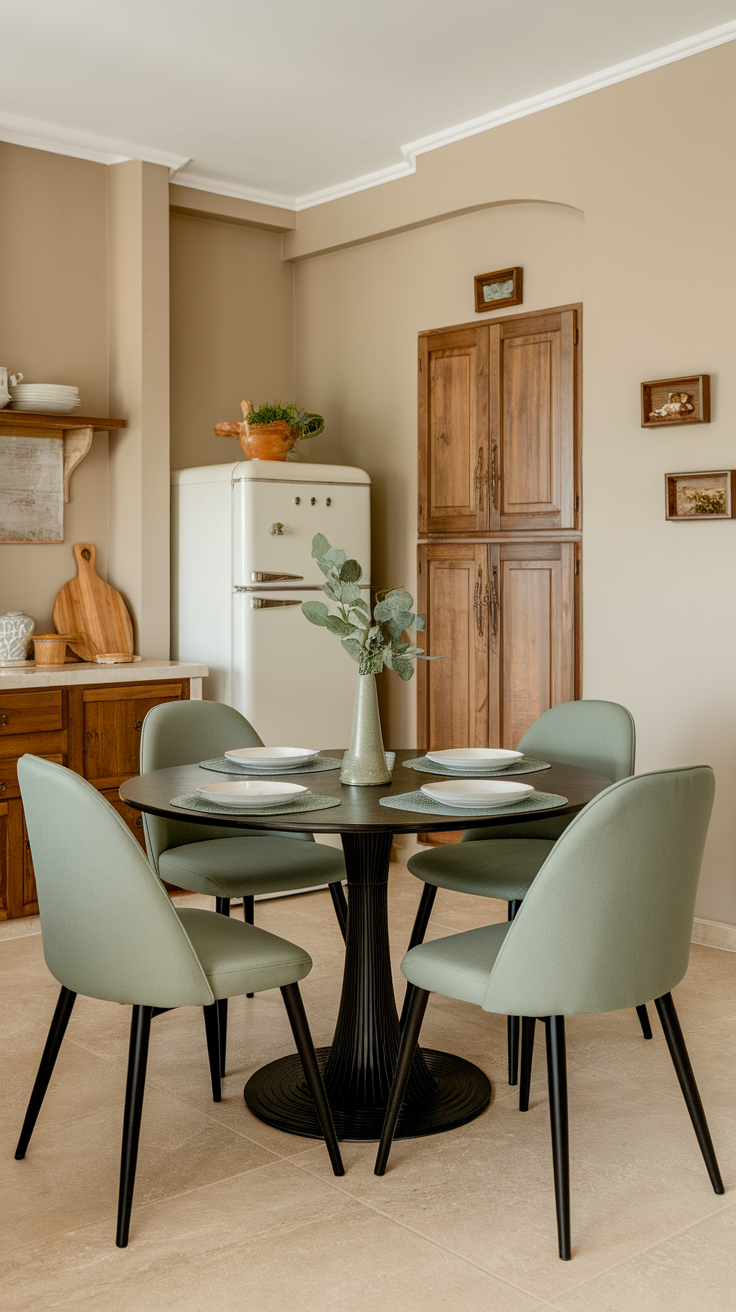 A cozy kitchen featuring sage green accent chairs around a circular black table.