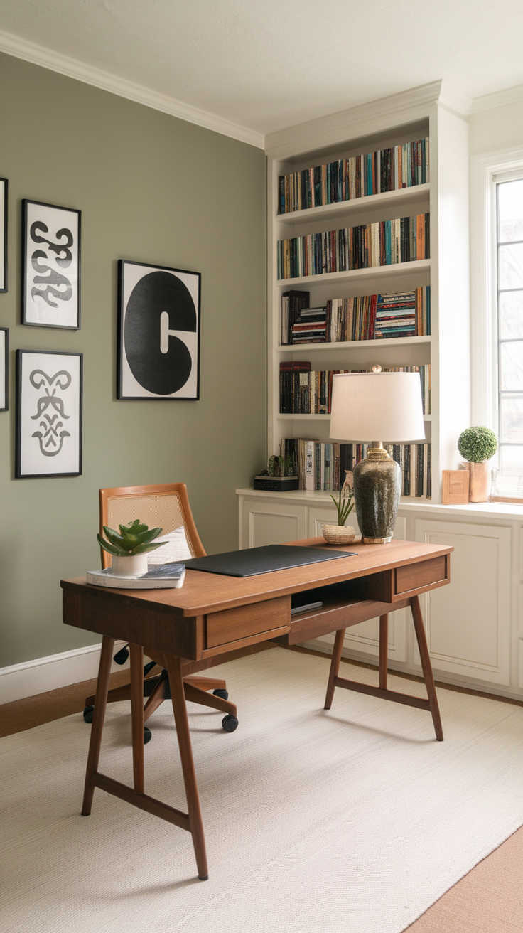 A cozy office space featuring a sage green accent wall, wooden desk, and bookshelves.