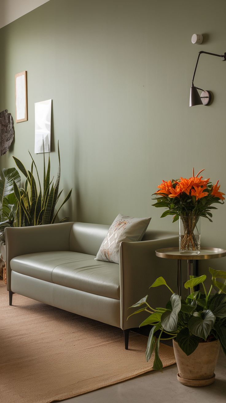 A living room featuring a sage green accent wall with a light green couch, plants, and orange flowers.