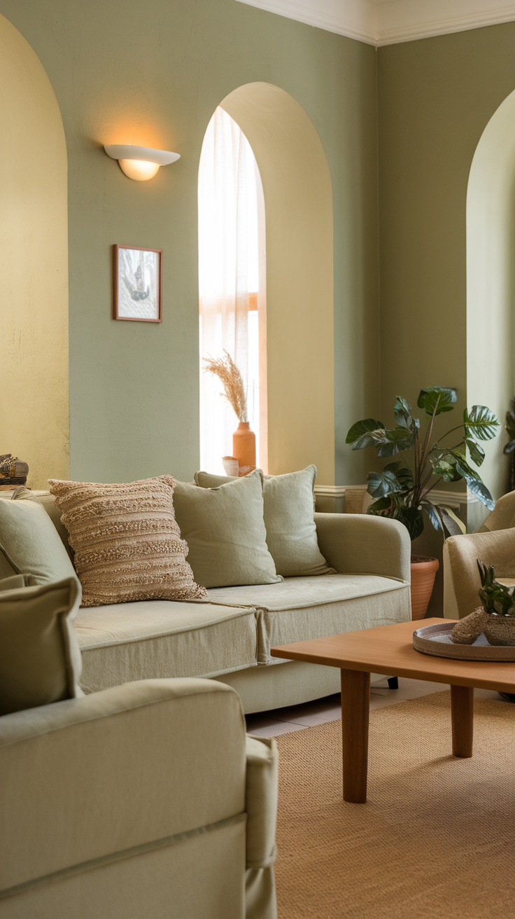 Cozy living room with sage green walls and beige furniture