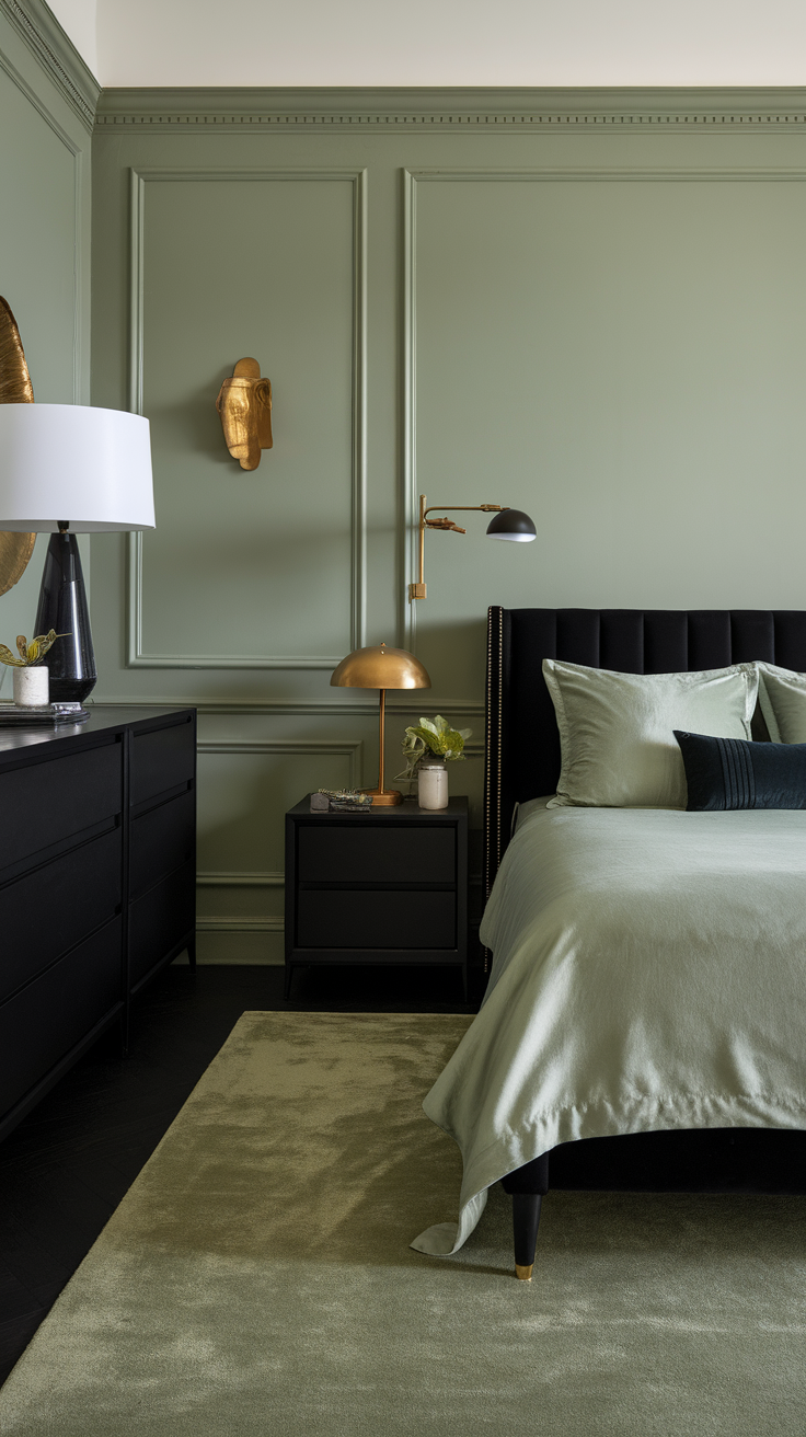 A stylish bedroom featuring sage green walls, black furniture, and gold accents.