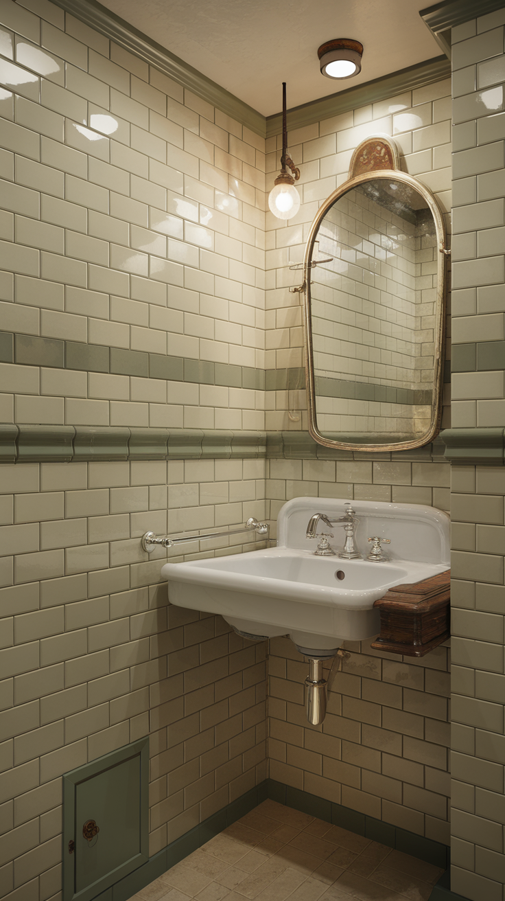 Bathroom featuring sage green and cream tiles with a vintage sink and mirror