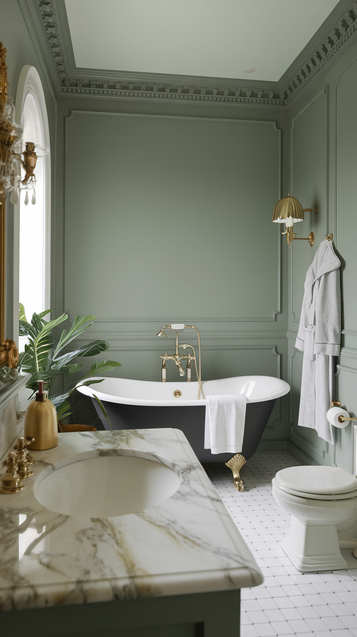 A chic bathroom featuring a sage green wall, gold fixtures, and a stylish black and white bathtub.