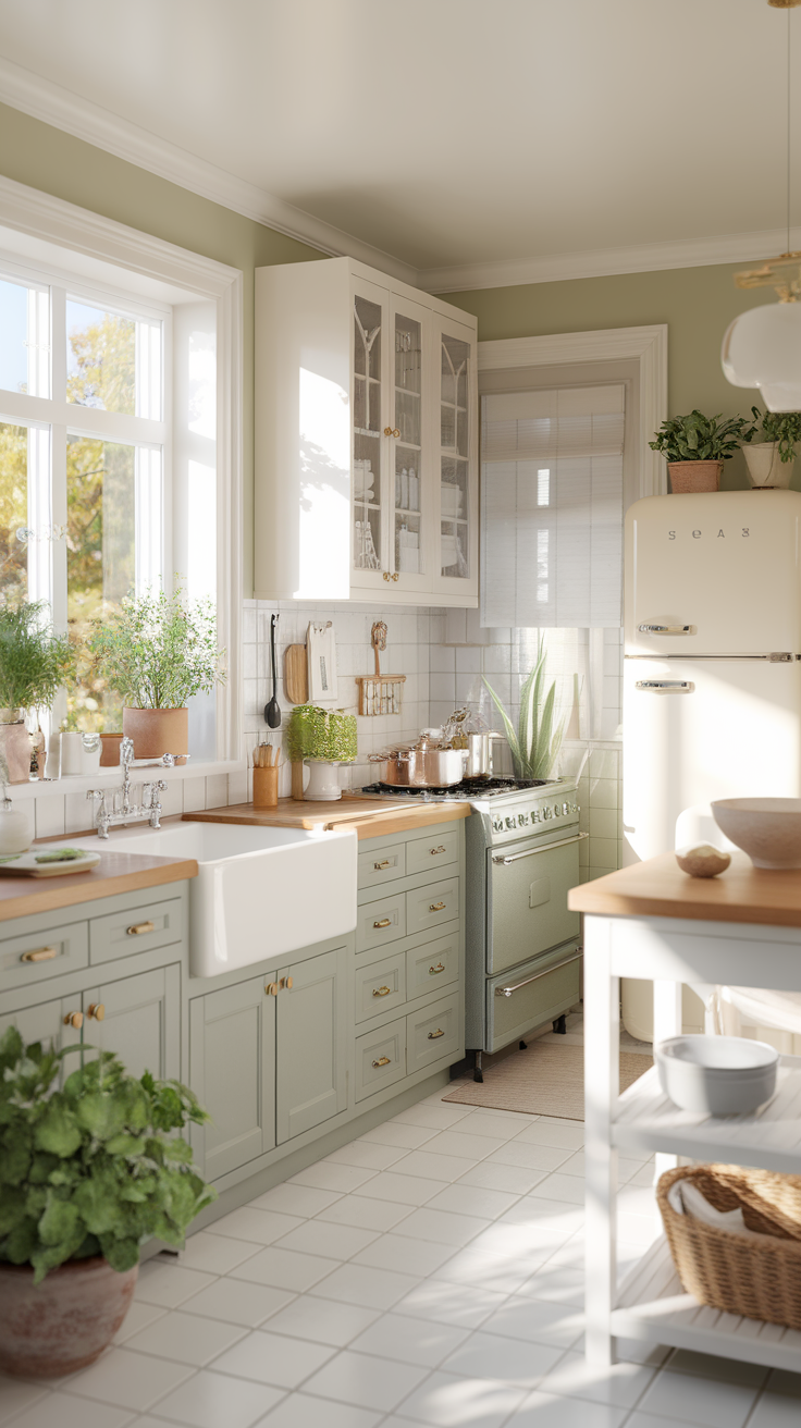 A bright kitchen featuring sage green and white cabinets with wooden accents