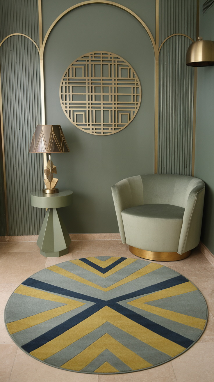 Sage green Art Deco interior with a round rug and stylish furniture.