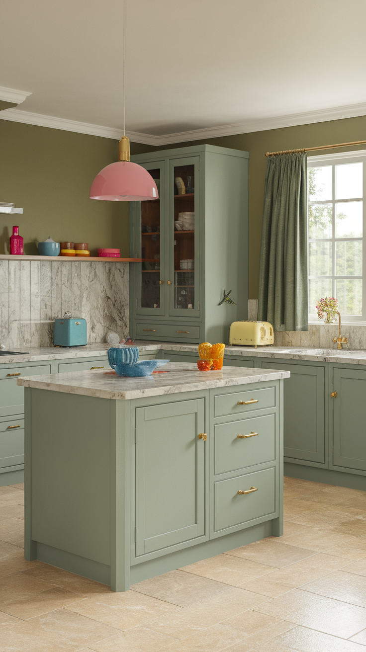 A chic kitchen featuring sage green cabinets, a marble countertop, and colorful kitchen accessories.