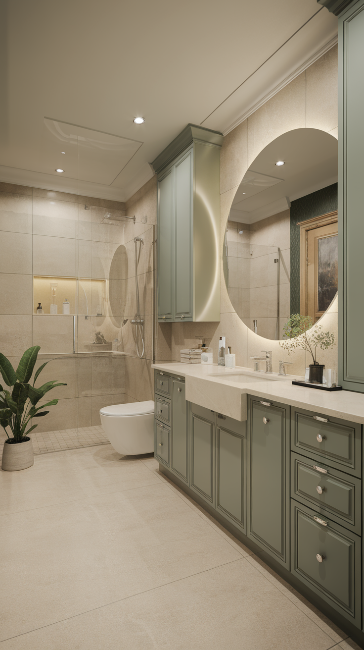 Modern bathroom featuring sage green cabinets and white countertops