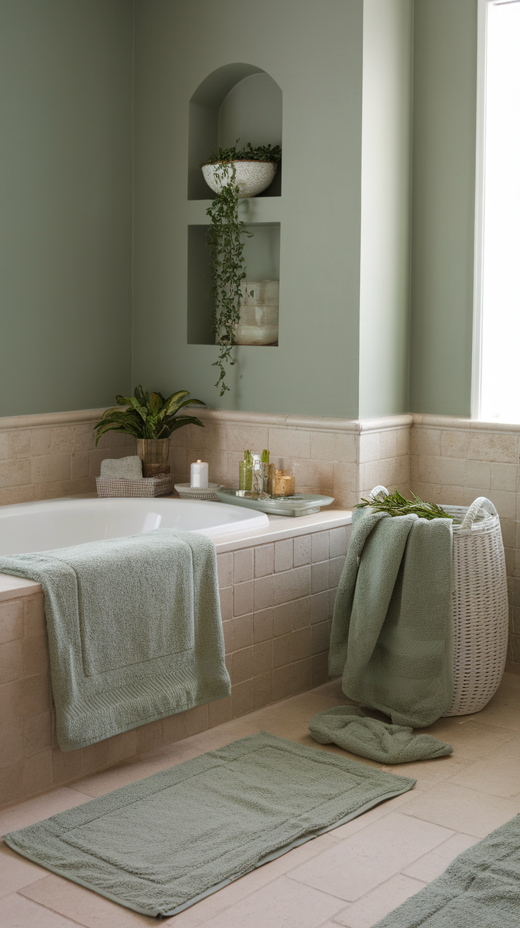 A serene bathroom with sage green walls and matching towels, featuring a tub and decorative elements.