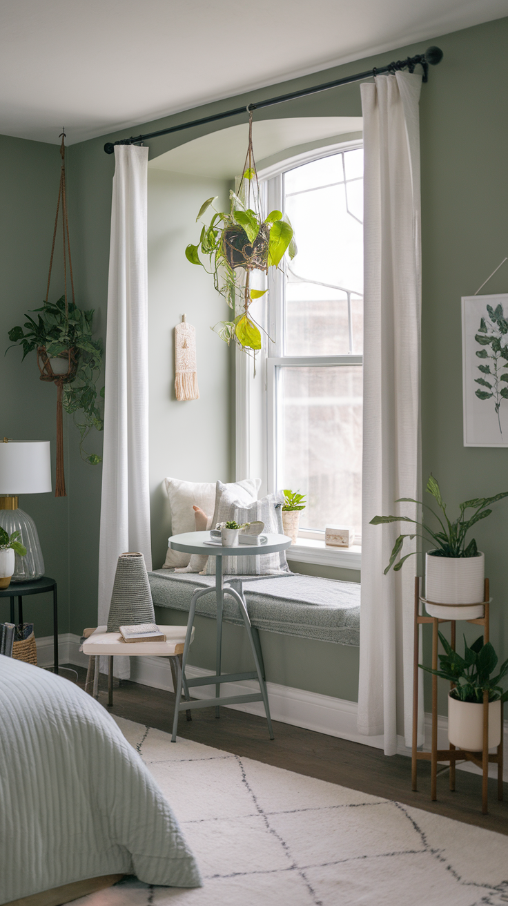 A cozy sage green bedroom featuring plants and a bright window