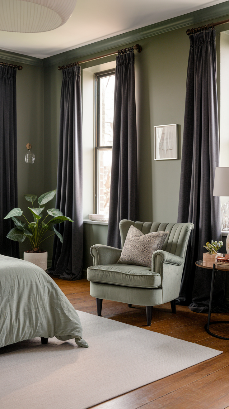 A beautifully styled sage green bedroom featuring dark curtains and a plush chair.