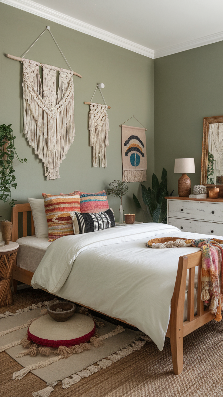 A cozy boho bedroom with sage green walls, colorful pillows, and unique wall hangings.