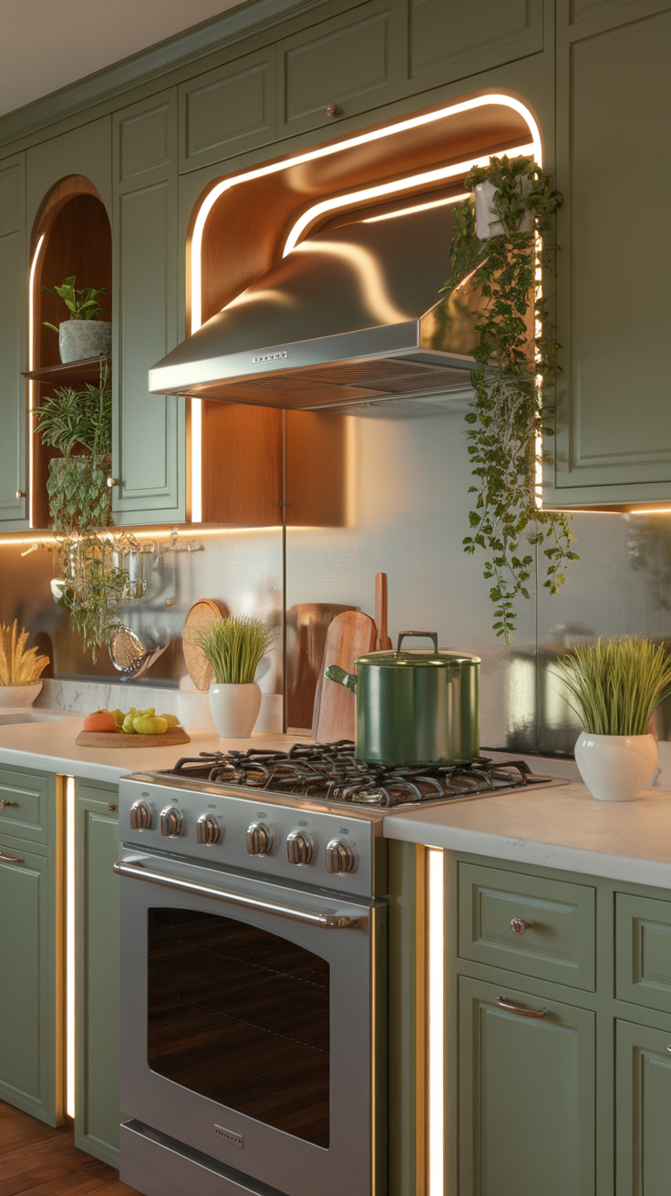 A chic kitchen designed with sage green cabinets and warm lighting.