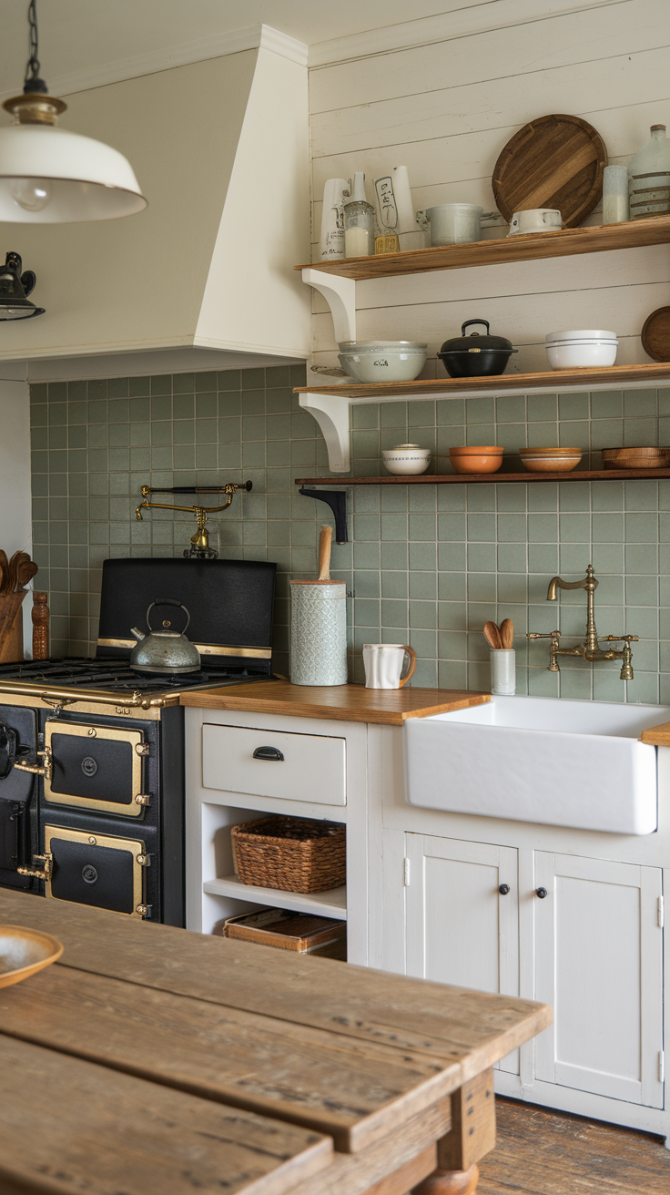 A cozy kitchen with a sage green tile backsplash, wooden shelves, and rustic decor.