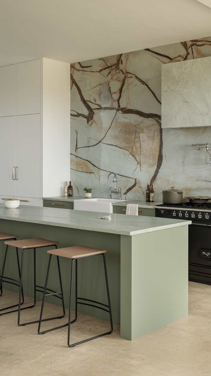 Modern kitchen featuring a sage green kitchen island and textured stone wall.