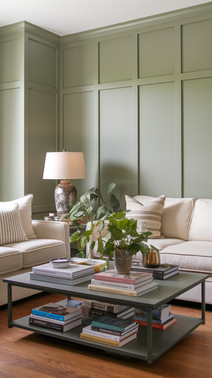 Cozy living room featuring sage green accents, comfortable seating, and a stylish coffee table with books and plants.