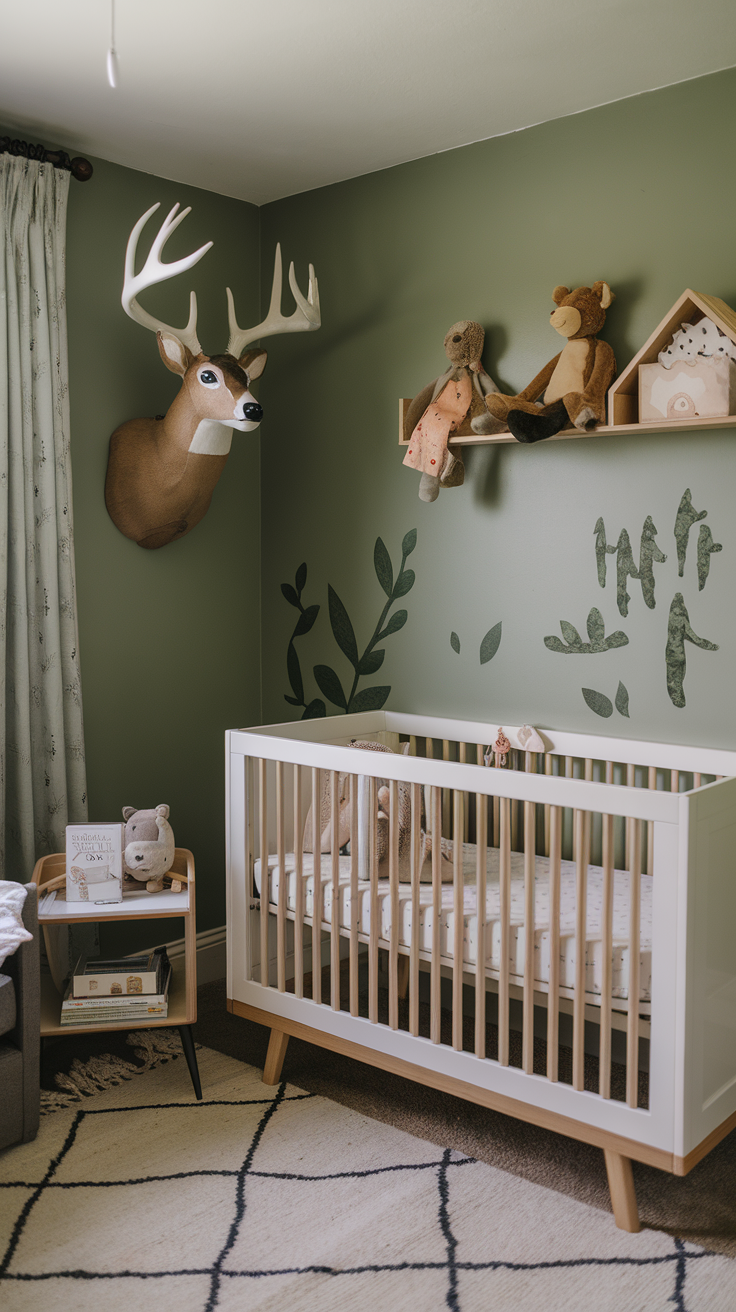 A beautifully decorated nursery featuring sage green walls, a white crib, and charming stuffed animals.