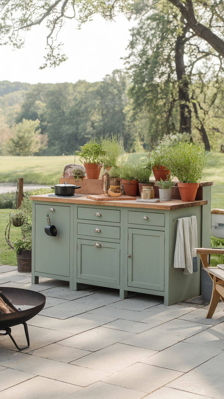 A stylish sage green outdoor kitchen with potted herbs and a wooden countertop.