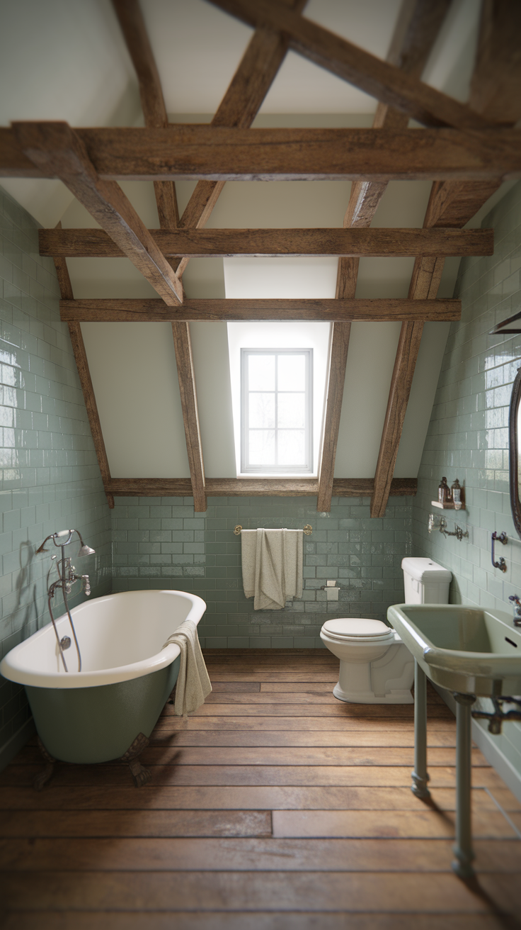 A rustic spa bathroom featuring sage green tiles, wooden beams, and vintage fixtures.