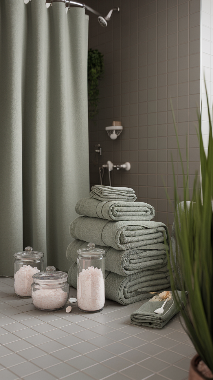 A serene bathroom featuring sage green towels stacked neatly, with jars of bath salts nearby.