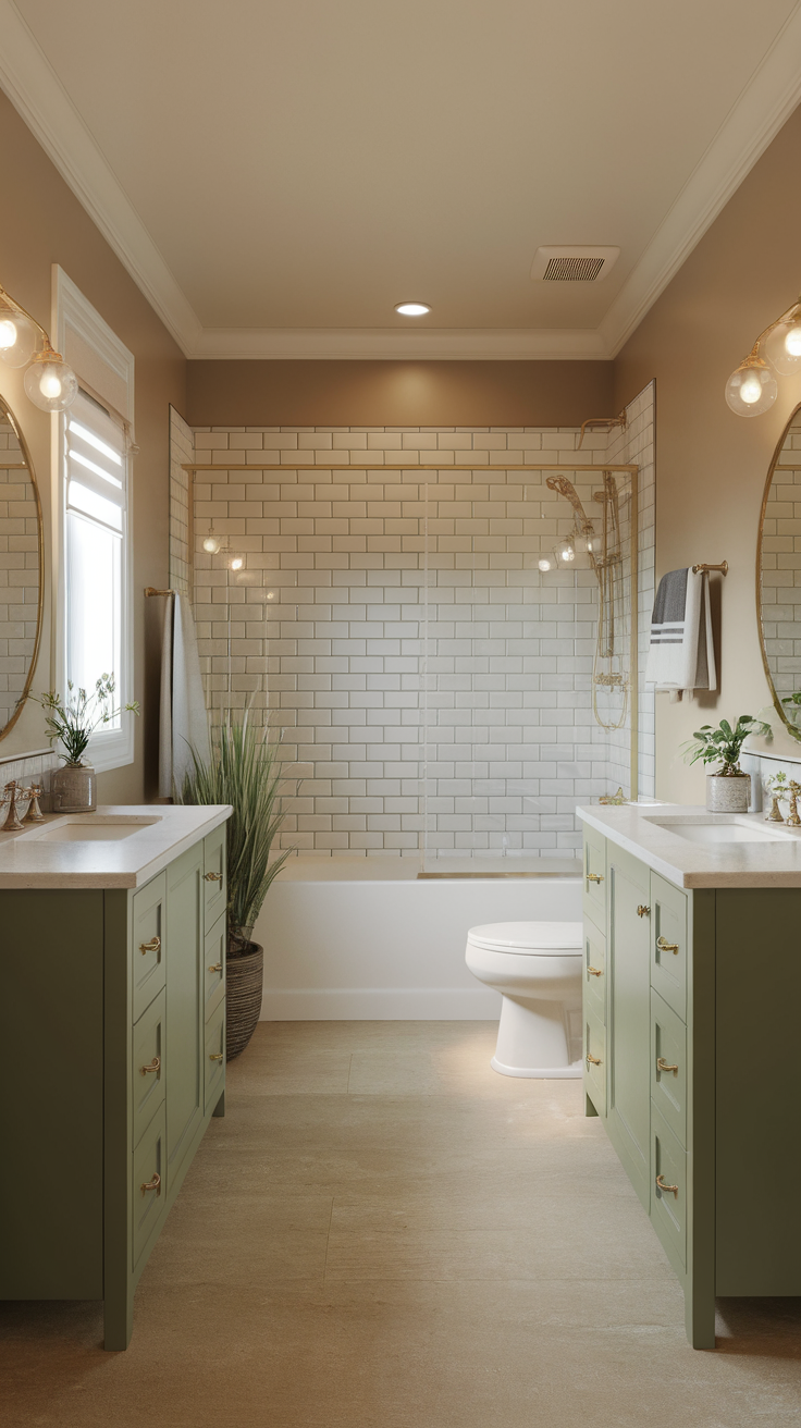 A modern bathroom featuring a sage green vanity with natural light, large mirrors, and plants.