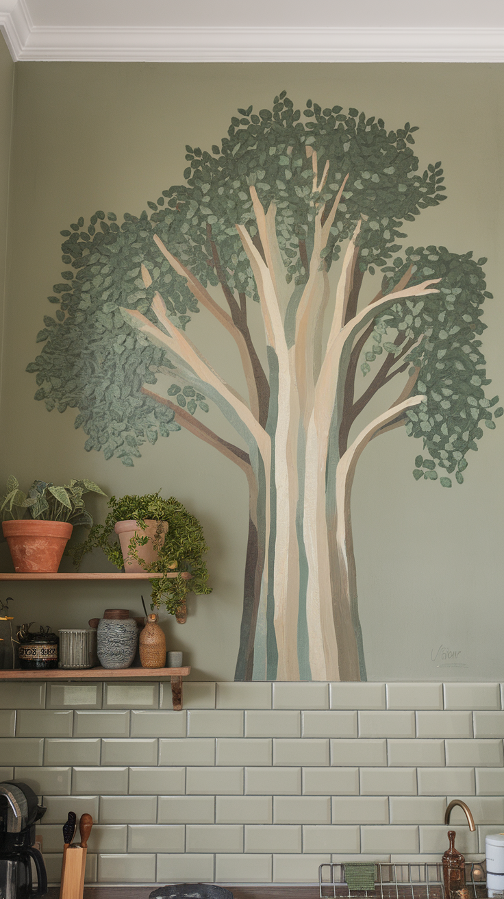 A kitchen wall painted with a large mural of a tree in sage green, complemented by potted plants and rustic decor.