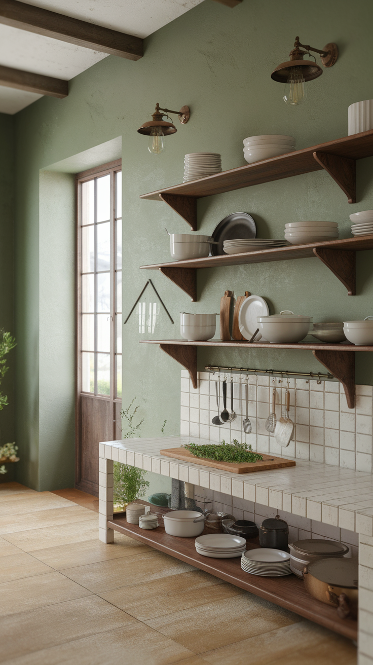 A kitchen with sage green walls and wooden shelving.