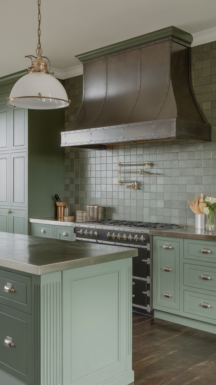 Chic kitchen featuring sage green cabinetry and metallic accents