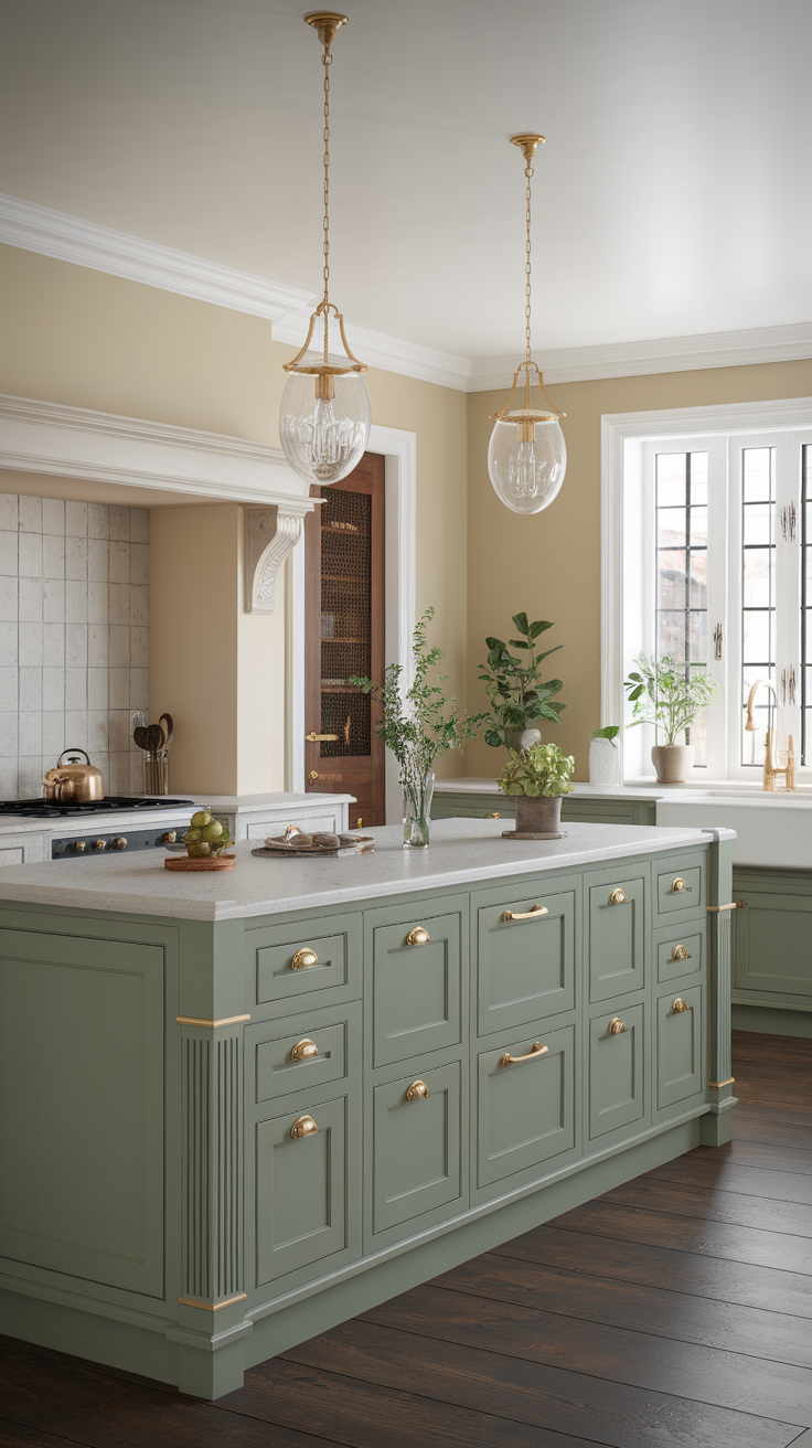 A stylish kitchen featuring a sage green island with white countertops and gold hardware, set in a cozy and inviting environment.