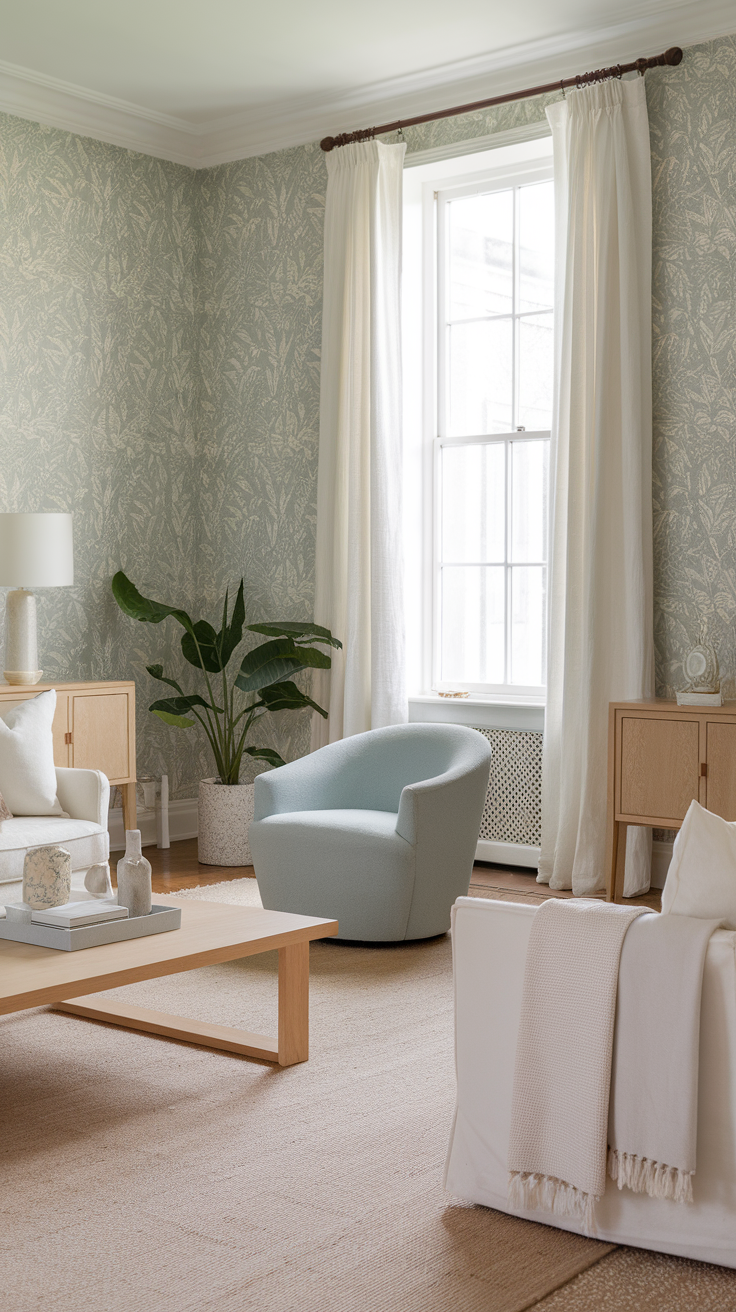 A cozy living room featuring Scandi leafy print wallpaper, a light blue chair, and natural decor.